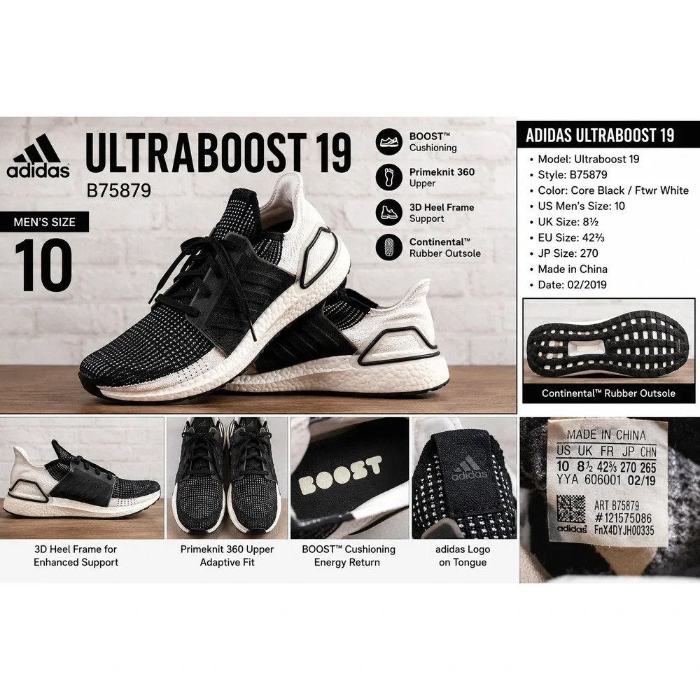 Adidas Ultraboost 19 Mens Running Shoes Core Black White B75879 Size 10